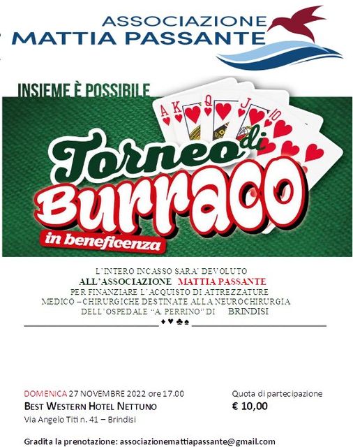 <p align="JUSTIFY">  Il 27 novembre si è svolto il torneo di burraco. </br> 148 Giocatori hanno risposto al ns. invito e noi ringraziamo tutti loro per la sensibilità che hanno dimostrato nell'aderire a questa pima raccolta fondi  che l'Associazione ha organizzato per i programmi di donazione illustrati durante lo stesso evento. Tanti hanno donato pur non potendo partecipare fisicamente. </br> Un ringraziamento speciale va all'Hotel Nettuno che ha messo a disposizione la struttura ricettiva, </br> alla Gioielleria Longo che con la sua donazione ha consentito un ulteriore programma di estrazione, </br> alla Ditta FRALGI per averci donato le carte da gioco e non ultimi, se non per mera cronologia, </br> il Sigr .Davide Parisi per aver consentito lo svolgimento secondo le giuste regole del gioco stesso e l'instancabile Rosa. </br> Grazie di nuovo a tutti Voi. </p>